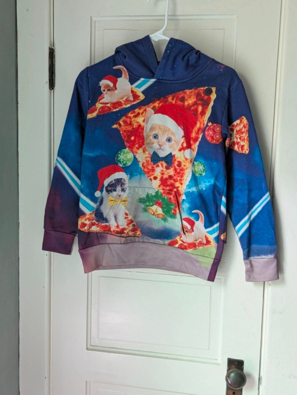 Christmas Ugly Sweater Hoodie Santa Cats & Pizza - Kids  XL Or Adult XS/S